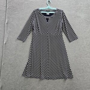 Roz & Ali Women Dress Large Blue Chevron‎ Knee Length A Line 3/4 Sleeve Keyhole